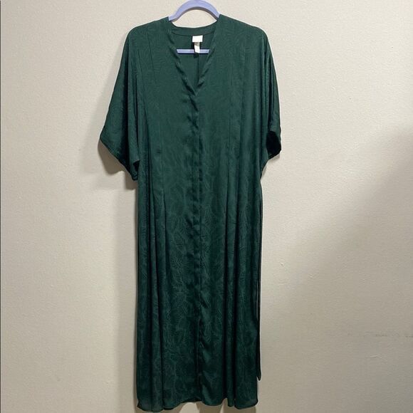 H&M Green Kaftan Midi Maxi Dress Palm Leaf Print Belted V-Neck‎ US 6 - Picture 5 of 16